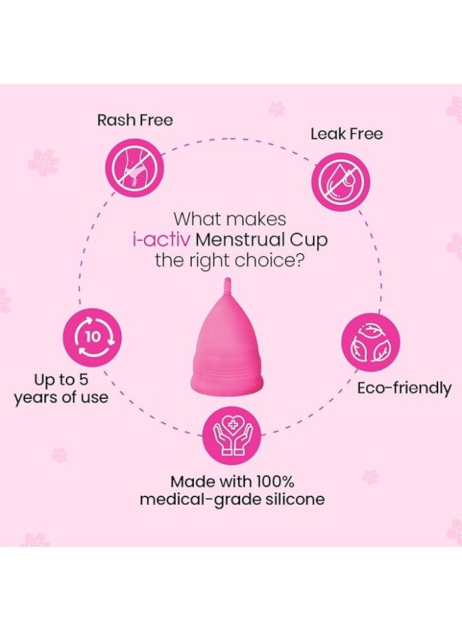 i-activ Menstrual Cup | Free Sterilizer Case | Rash-Free, Leak-Free & Ultra Soft Period Cups For Women | Mensurational Cup | 100% Medical Grade Silicone | 8-10 hrs protection | Pack of 1 (Medium) - Image 3
