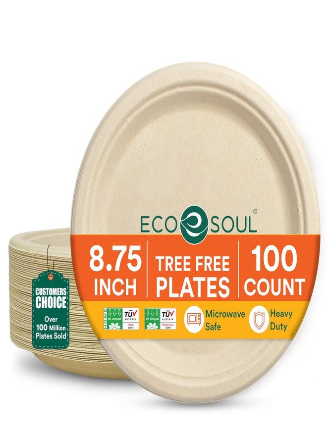 ECO SOUL Compostable Paper Plates 8.75 Inch, 100 Pack – Heavy Duty Disposable Dinner Paper Plates, Natural Bagasse, Leak-Resistant, Microwave Safe, Eco-Friendly Round Plates for Parties & Catering - Image 1