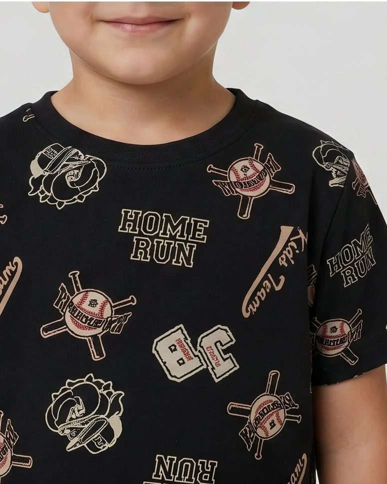Redtag Boys Black Printed Pyjama Set 2 Piece