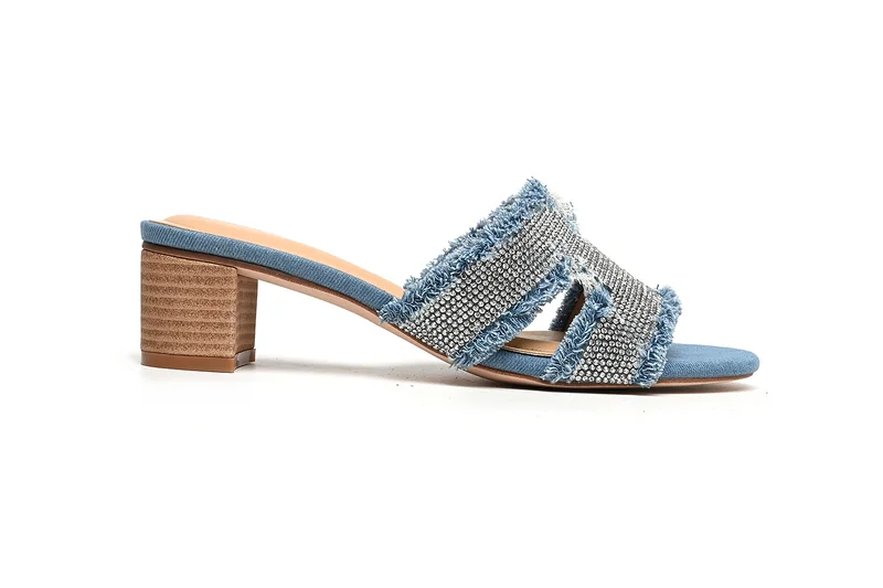 Cuple Crystal Denim Block Heel Mule
