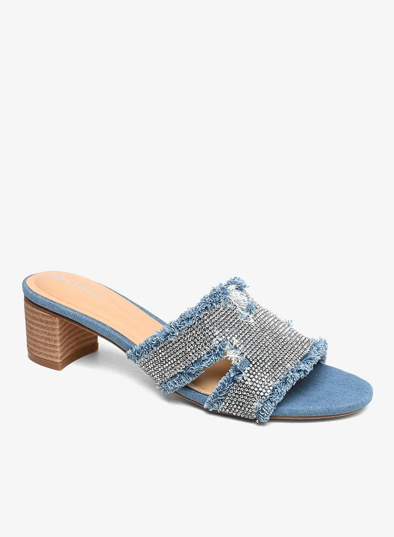 Cuple Crystal Denim Block Heel Mule