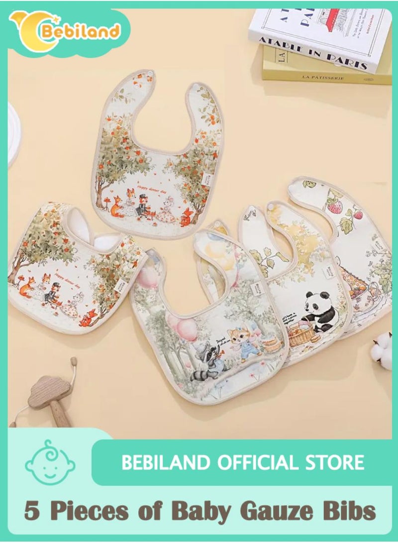 Bebiland 5 Pieces Muslin Baby Bibs, Baby Bandana Drool Bibs, Adjustable Multi-Use Scarf Bibs 4-Layer 100% Organic Cotton With Super Absorbent& Soft Drooling Bibs Breathable for Boys Girls - Image 1