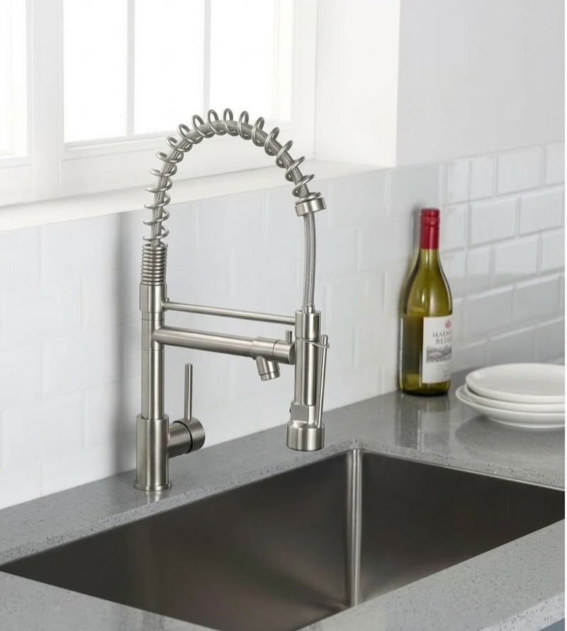 KANA Kitchen Faucet with Pull-Down Countertop 360 Degree Swivel Sprayer Nozzle Brushed Nickel Stainless Steel Single Handle Sink, Kitchen Faucet with Pull Down Sprayer, Single Handle Pull Out Spring Sink Faucets, Spring Faucet Hot and Cold Dual Control, Faucet for Kitchen Bathroom Balcony, Farmhouse Camper Laundry Utility Kitchen Faucet with Pull Down Sprayer, Single Handle Pull Out Spring Sink Faucets, Spring Faucet Hot and Cold Dual Control, Faucet for Kitchen Bathroom Balcony, Farmhouse Laundry Utility - Image 4