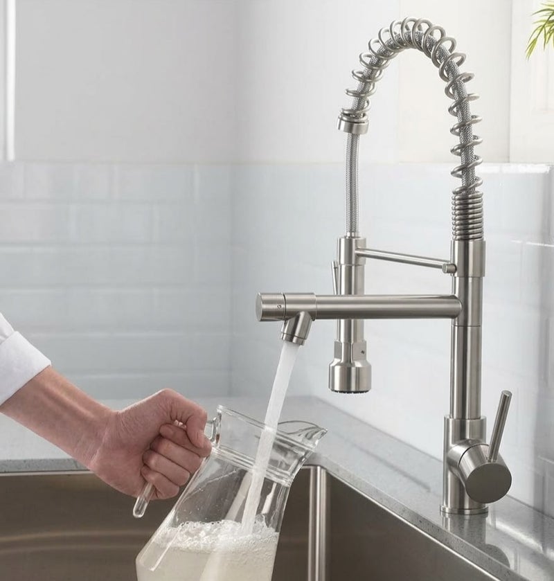 KANA Kitchen Faucet with Pull-Down Countertop 360 Degree Swivel Sprayer Nozzle Brushed Nickel Stainless Steel Single Handle Sink, Kitchen Faucet with Pull Down Sprayer, Single Handle Pull Out Spring Sink Faucets, Spring Faucet Hot and Cold Dual Control, Faucet for Kitchen Bathroom Balcony, Farmhouse Camper Laundry Utility Kitchen Faucet with Pull Down Sprayer, Single Handle Pull Out Spring Sink Faucets, Spring Faucet Hot and Cold Dual Control, Faucet for Kitchen Bathroom Balcony, Farmhouse Laundry Utility - Image 5