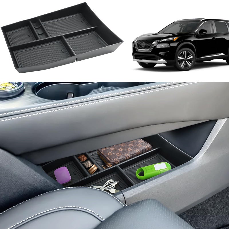 Coleya Lower Center Console Organizer for 2021-2024 2025 Nissan Rogue (S/SV/SL/Platinum/Rock Creek), Durable ABS Plastic &Rubber 2023 2024 Rogue Console Tray Insert 2025 Rogue Accessories (Black) - Image 1