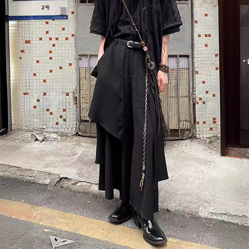 Vintage Layered Yamamoto-Inspired Mens Casual Skirt Pants Black