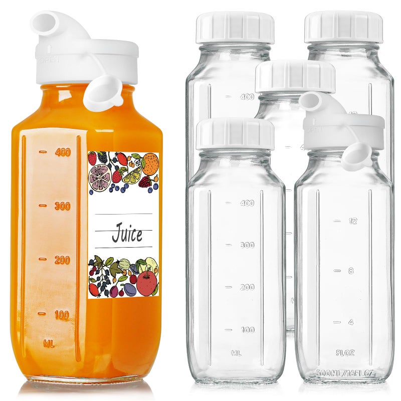 Syntic 6 Pack 16 Oz Glass Juice Bottles with 2 Pour Spouts, 100% Airtight Heavy Duty SCREW Lid- Reusable Glass Milk Bottles w Scale Mark, Square Drinking Jar Juice Container Breast Milk Pitcher(Extra 2 Lid) - Image 1