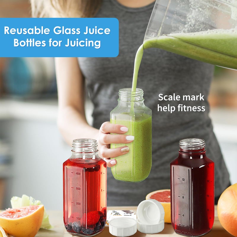 Syntic 6 Pack 16 Oz Glass Juice Bottles with 2 Pour Spouts, 100% Airtight Heavy Duty SCREW Lid- Reusable Glass Milk Bottles w Scale Mark, Square Drinking Jar Juice Container Breast Milk Pitcher(Extra 2 Lid) - Image 5