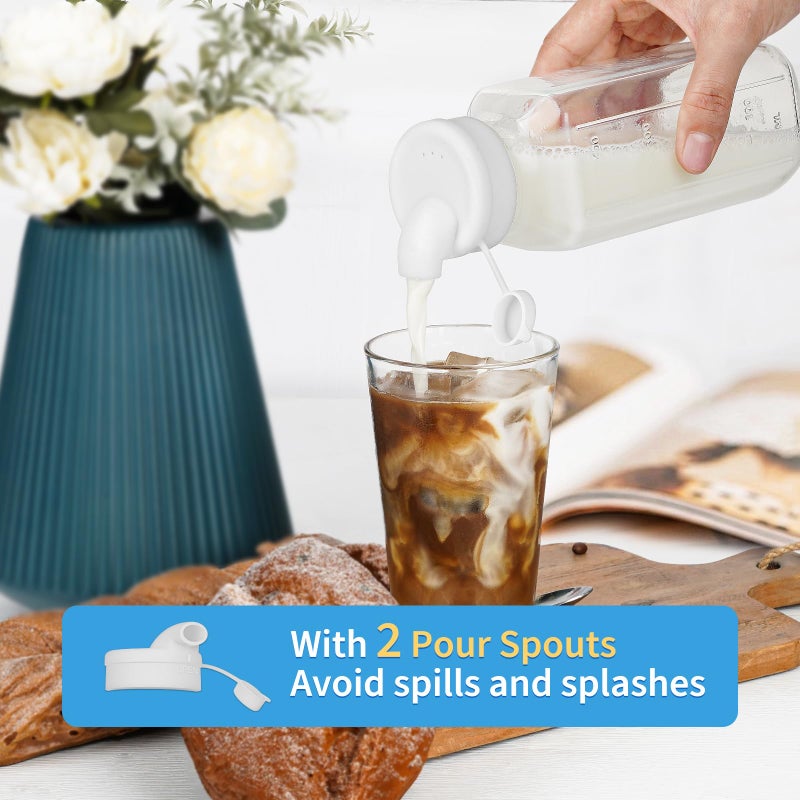 Syntic 6 Pack 16 Oz Glass Juice Bottles with 2 Pour Spouts, 100% Airtight Heavy Duty SCREW Lid- Reusable Glass Milk Bottles w Scale Mark, Square Drinking Jar Juice Container Breast Milk Pitcher(Extra 2 Lid) - Image 2
