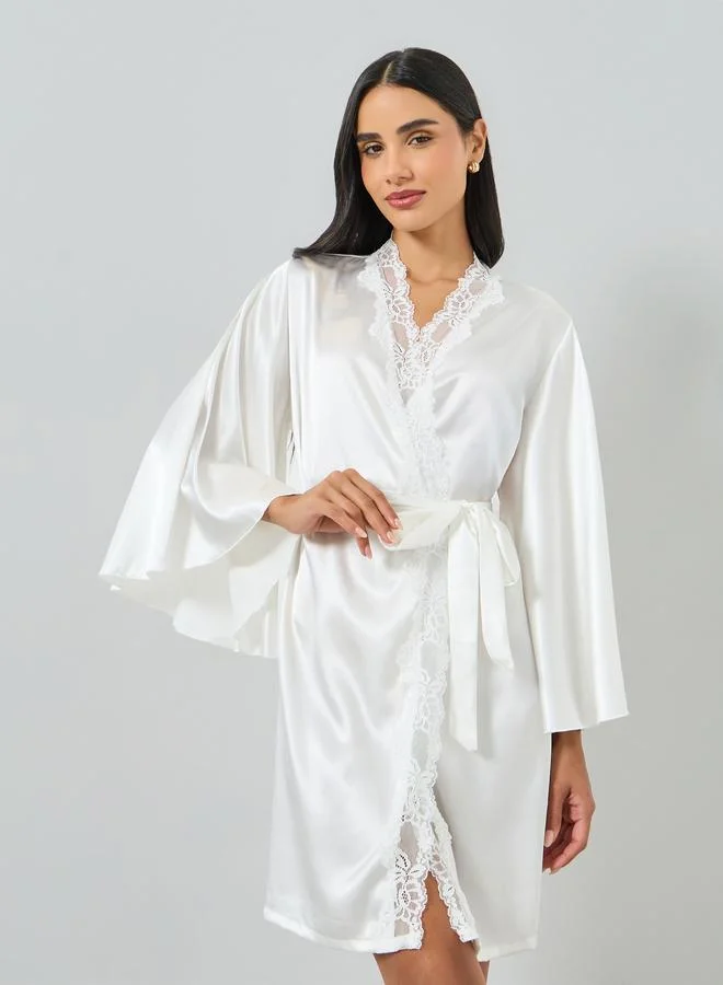 Take Two White Lace Trim Satin Robe
