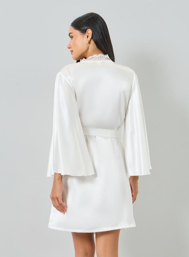 Take Two White Lace Trim Satin Robe - Image 4