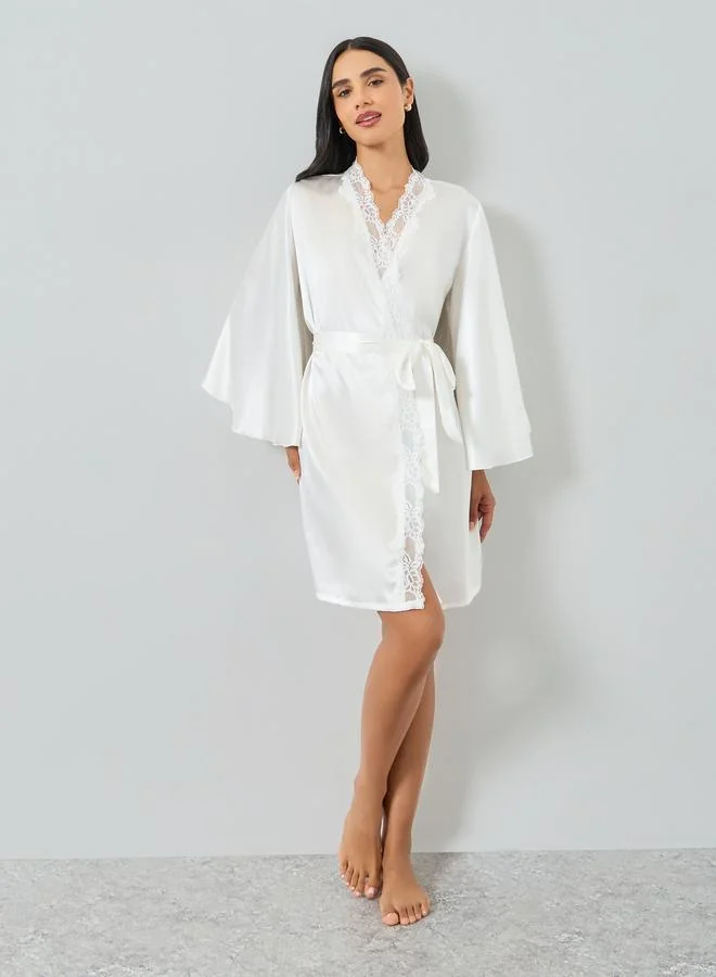 Take Two White Lace Trim Satin Robe