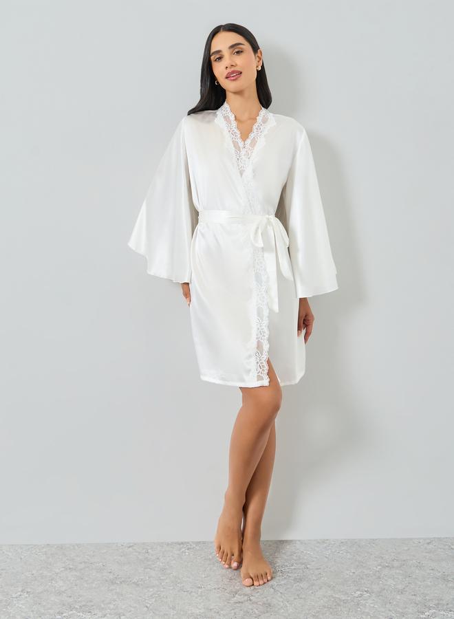 Take Two White Lace Trim Satin Robe - Image 2