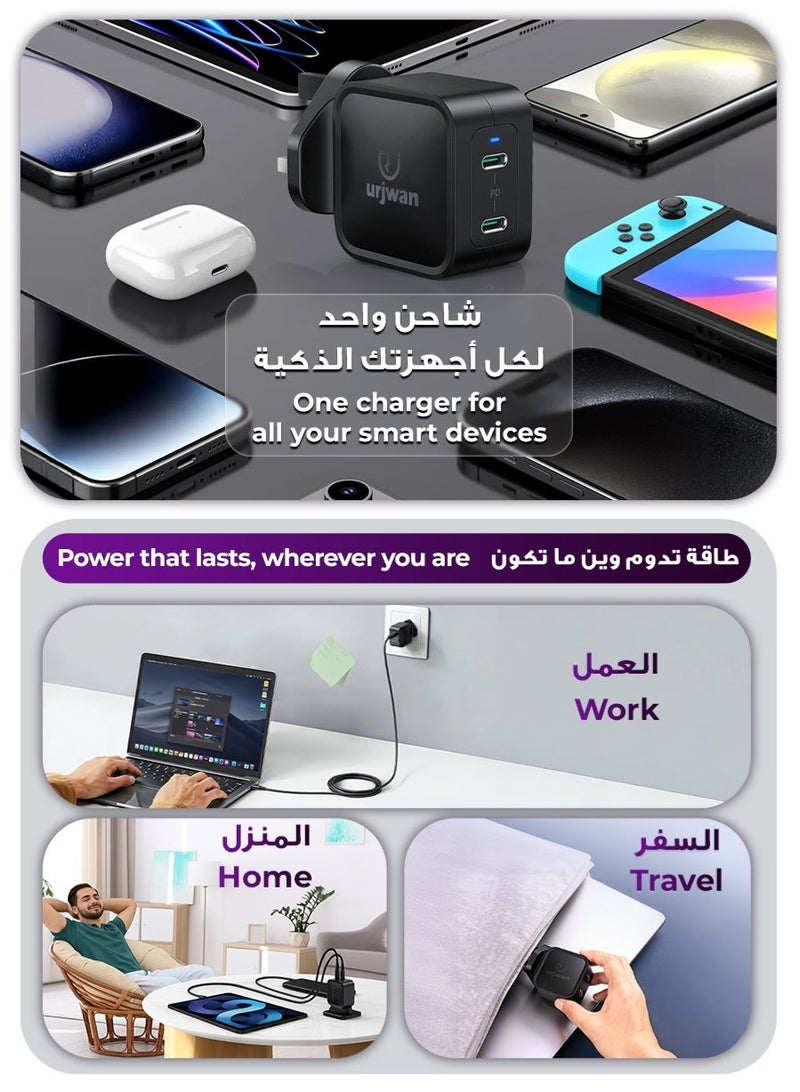 Urjwan SuperFast Wall Charger - 65W Power, Dual USB-C Ports, Fast and Safe Charging with Built-In Protection Against Overheating and Overvoltage, with GAN Technology - Image 5