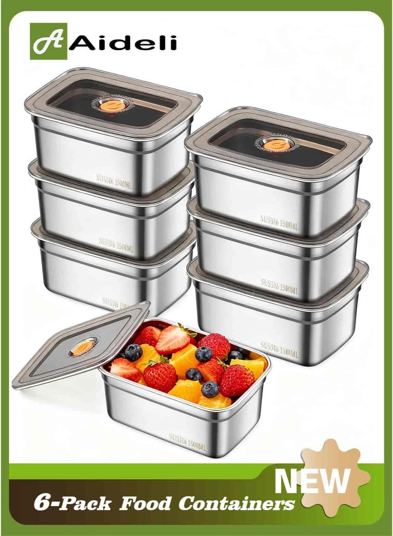 أديلي حافظات طعام من الستانلس ستيل طقم 6 قطع بسعة 1500 مل مع أغطية محكمة الإغلاق، حاويات حفظ الطعام مقاومة للتسرب للمطبخ والثلاجة والتحضير للوجبات - Image 1