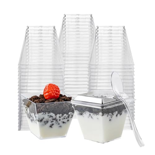 HOMIP 60Pack 4oz Plastic Dessert Cups with Lids and Spoons Mini Plastic Parfait Cups for Parties Clear Square Cups for Appetizer Cake Icecream - Image 1