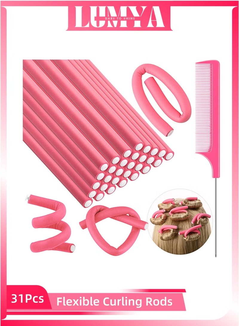 LUMYA 30Pcs No Heat Hair Rods Rollers, Soft Flexible Foam Hair Curlers with 1 Mouse Tail Comb, Styling Tools for Daily Use, Travel, Sleeping (Pink) - Image 1
