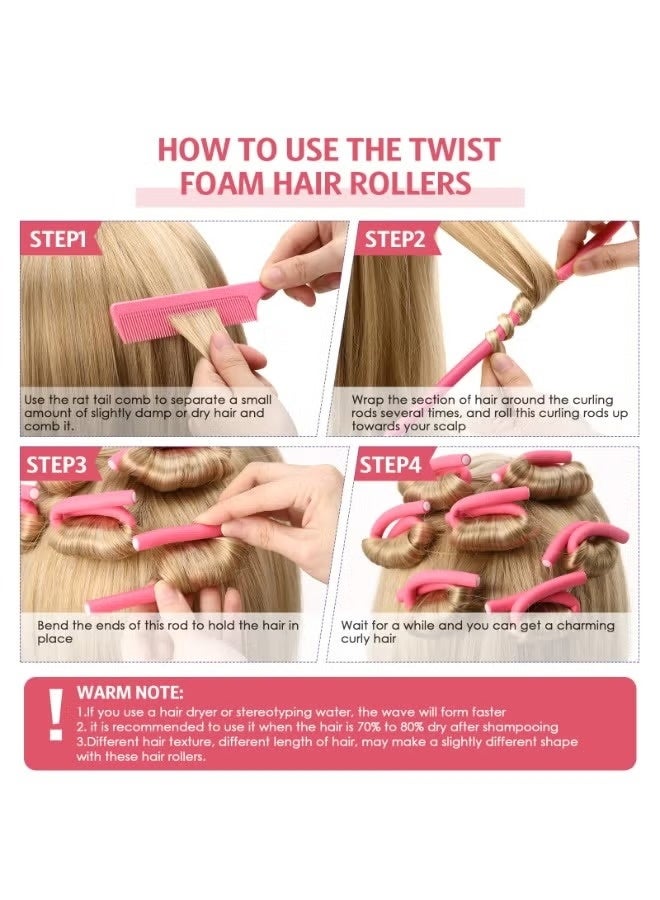 LUMYA 30Pcs No Heat Hair Rods Rollers, Soft Flexible Foam Hair Curlers with 1 Mouse Tail Comb, Styling Tools for Daily Use, Travel, Sleeping (Pink) - Image 5