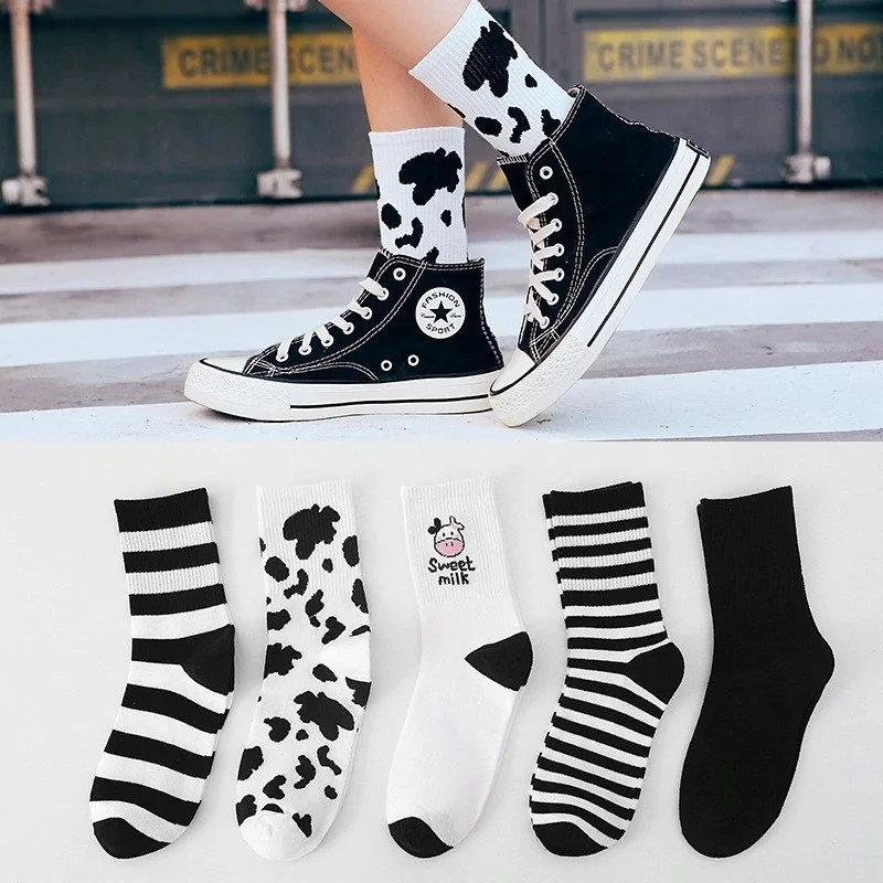 Bgk Women's 5 Pairs Black + White Cow Pattern Striped Tennis Socks