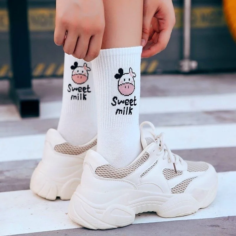 Bgk Women's 5 Pairs Black + White Cow Pattern Striped Tennis Socks