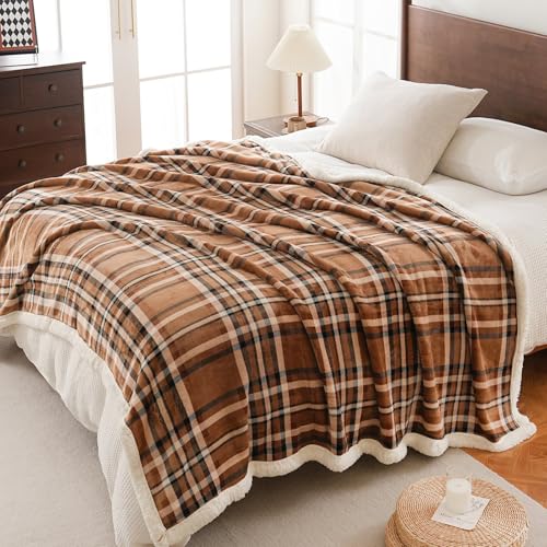 PU MEI Sherpa Fleece Throw Blanket 80" x 90" Reversible Plush Fluffy Large Big Blanket Lattice Flannel Blankets for All Season Use, Mocha Brown - Image 2