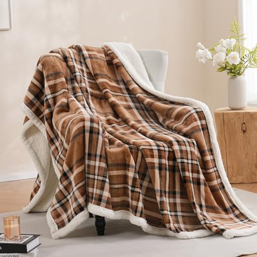 PU MEI Sherpa Fleece Throw Blanket 80" x 90" Reversible Plush Fluffy Large Big Blanket Lattice Flannel Blankets for All Season Use, Mocha Brown - Image 1