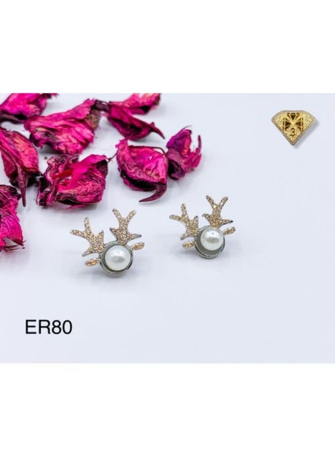 Gold Plated Antler Stud Earrings with Pearl-Look Bead & Zircon Detail