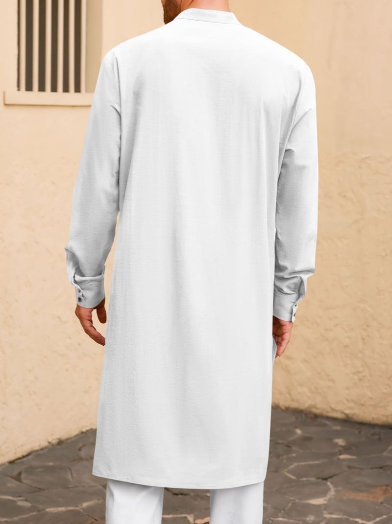 Runcati روب قفطان رجالي رنكاتي بأزرار وأكمام طويلة من القطن والكتان، ثوب مسلم غير رسمي، قميص هينلي أبيض - Image 3