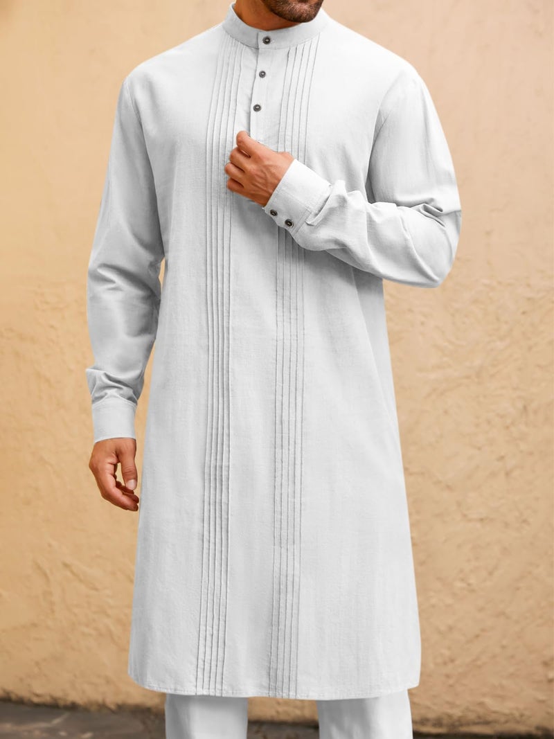 Runcati روب قفطان رجالي رنكاتي بأزرار وأكمام طويلة من القطن والكتان، ثوب مسلم غير رسمي، قميص هينلي أبيض - Image 2