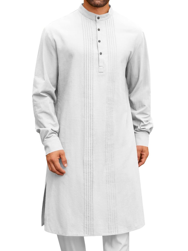 Runcati روب قفطان رجالي رنكاتي بأزرار وأكمام طويلة من القطن والكتان، ثوب مسلم غير رسمي، قميص هينلي أبيض - Image 1