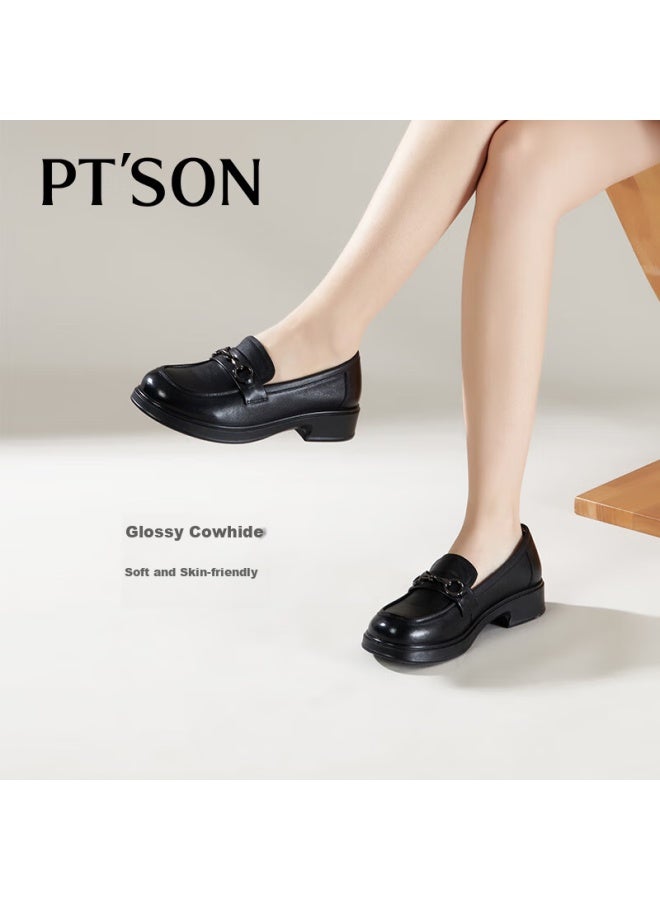 PT'SON Baitiansen Leather Thick-soled Loafers For Women, Spring Horse-bit Buckle British Style Slip-on Shoes, Small Leather Shoes, Black, Size 35 - Image 2
