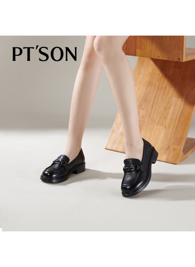 PT'SON Baitiansen Leather Thick-soled Loafers For Women, Spring Horse-bit Buckle British Style Slip-on Shoes, Small Leather Shoes, Black, Size 35 - Image 3