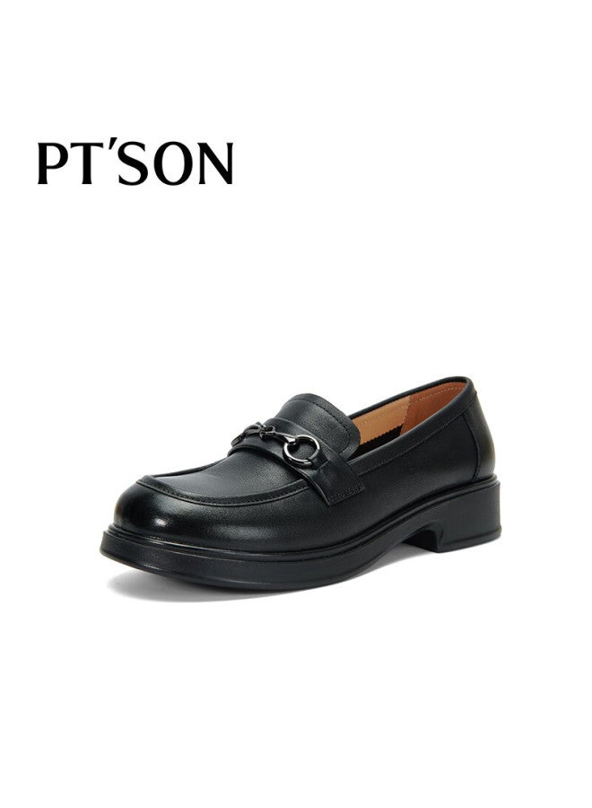 PT'SON Baitiansen Leather Thick-soled Loafers For Women, Spring Horse-bit Buckle British Style Slip-on Shoes, Small Leather Shoes, Black, Size 35 - Image 1