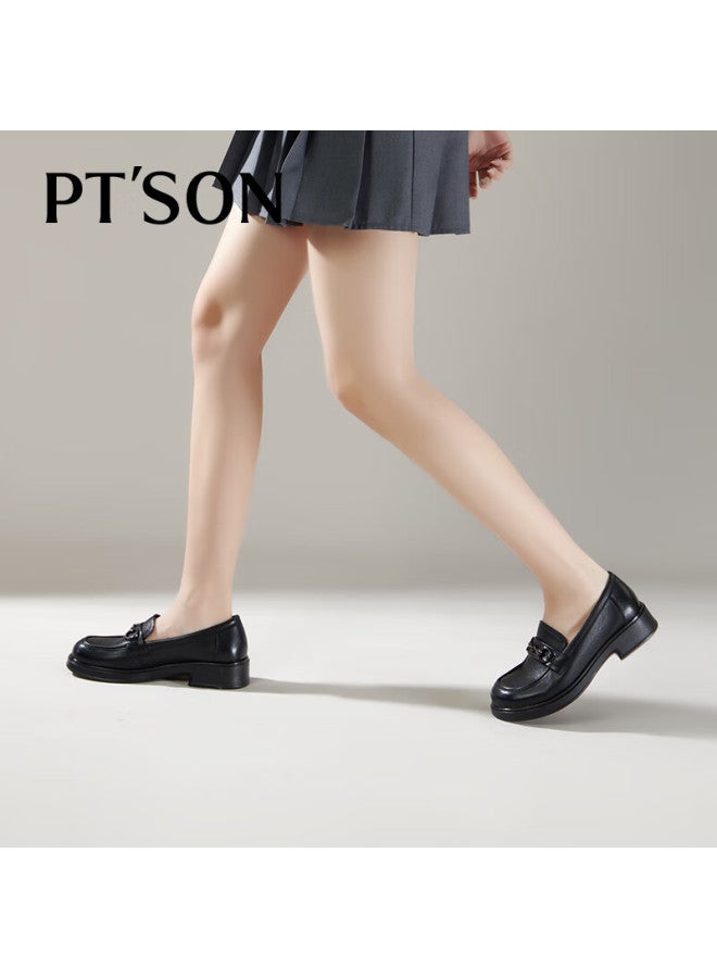 PT'SON Baitiansen Leather Thick-soled Loafers For Women, Spring Horse-bit Buckle British Style Slip-on Shoes, Small Leather Shoes, Black, Size 35 - Image 5
