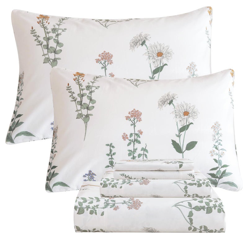 QSH Floral King Size Sheet Sets - 100% Egyptian Cotton Floral Bedding Sheets Flower Pattern Printed Bedding King Size Bed Sheets 17.5" Extra Deep Pocket 4pcs - Image 1