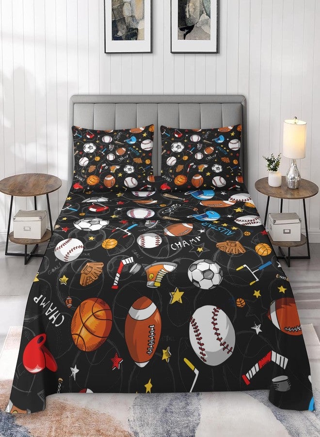 Pamnest Queen Size Bed Sheet Sets, Basketball Football Baseball Soft Microfiber 4 Pcs Bedding Sets for Kids and Adults Bedroom Bed Decor, Hockey Soccer Sport Flat, Fitted Sheet and 2 Pillowcases - Image 3
