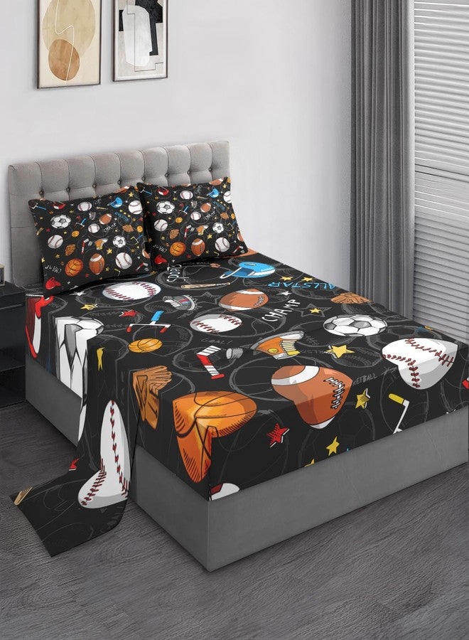 Pamnest Queen Size Bed Sheet Sets, Basketball Football Baseball Soft Microfiber 4 Pcs Bedding Sets for Kids and Adults Bedroom Bed Decor, Hockey Soccer Sport Flat, Fitted Sheet and 2 Pillowcases - Image 1