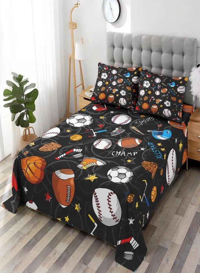 Pamnest Queen Size Bed Sheet Sets, Basketball Football Baseball Soft Microfiber 4 Pcs Bedding Sets for Kids and Adults Bedroom Bed Decor, Hockey Soccer Sport Flat, Fitted Sheet and 2 Pillowcases - Image 2
