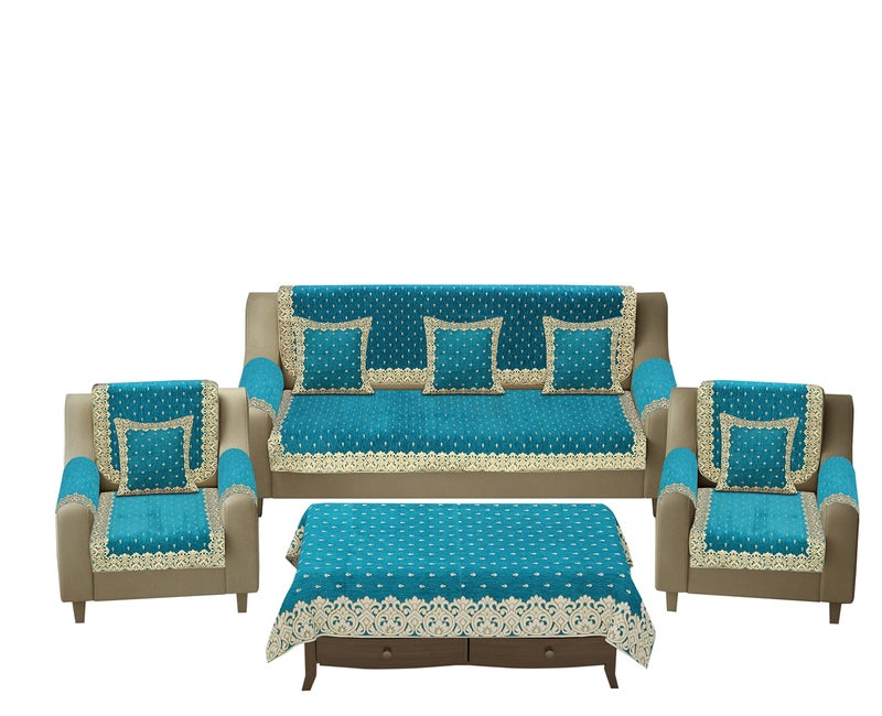 SAWNA HOMES Premium 5 Seater Printed Velvet Sofa Cover Set With Arm Covers & Cushion + Table Cover,3,1,1 Seater 16 Pcs Sofa Back Slip Panels,Premium Stylish Slip Cover Protector Sky Blue(Pack Of 18) - Image 2
