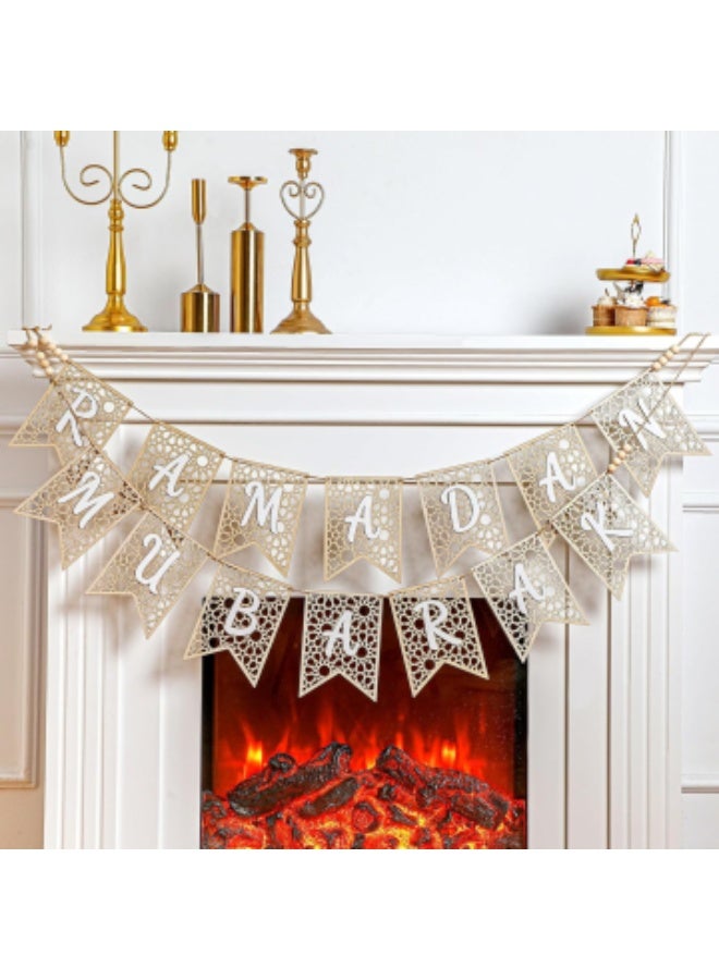 Eid Ramadan Mubarak Banner Wooden Decoration Rustic Bead Muslim Party Decor Supplies for Home Fireplace Indoor Outdoor (White Letter) - Image 1