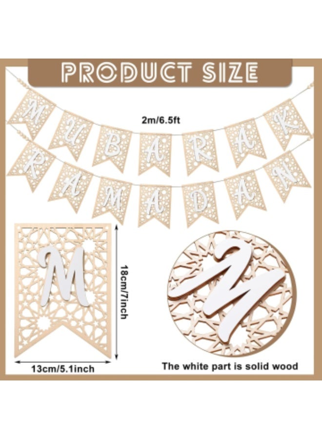Eid Ramadan Mubarak Banner Wooden Decoration Rustic Bead Muslim Party Decor Supplies for Home Fireplace Indoor Outdoor (White Letter) - Image 3