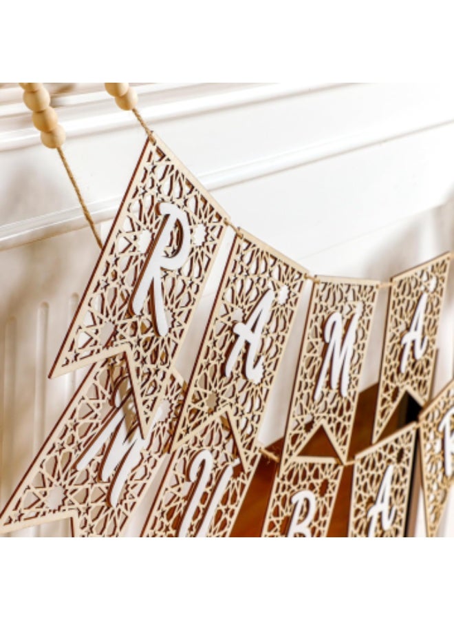 Eid Ramadan Mubarak Banner Wooden Decoration Rustic Bead Muslim Party Decor Supplies for Home Fireplace Indoor Outdoor (White Letter) - Image 4