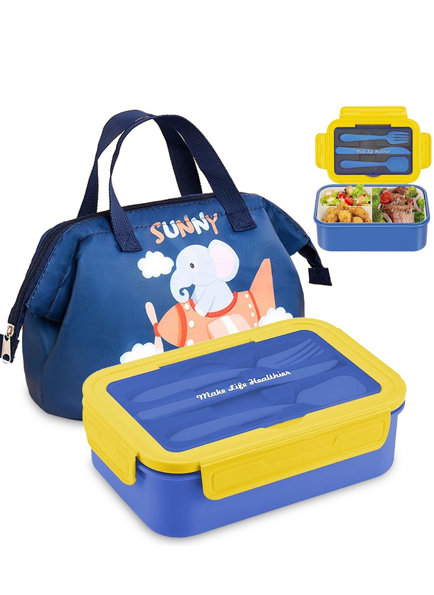 Lunch Box for Kids School, 5 in 1 Bento Lunch Box with Insulated Lunch Bag and Utensil Set 1100ml Leak-proof Lunch Box For Kids&Adults (Blue) 