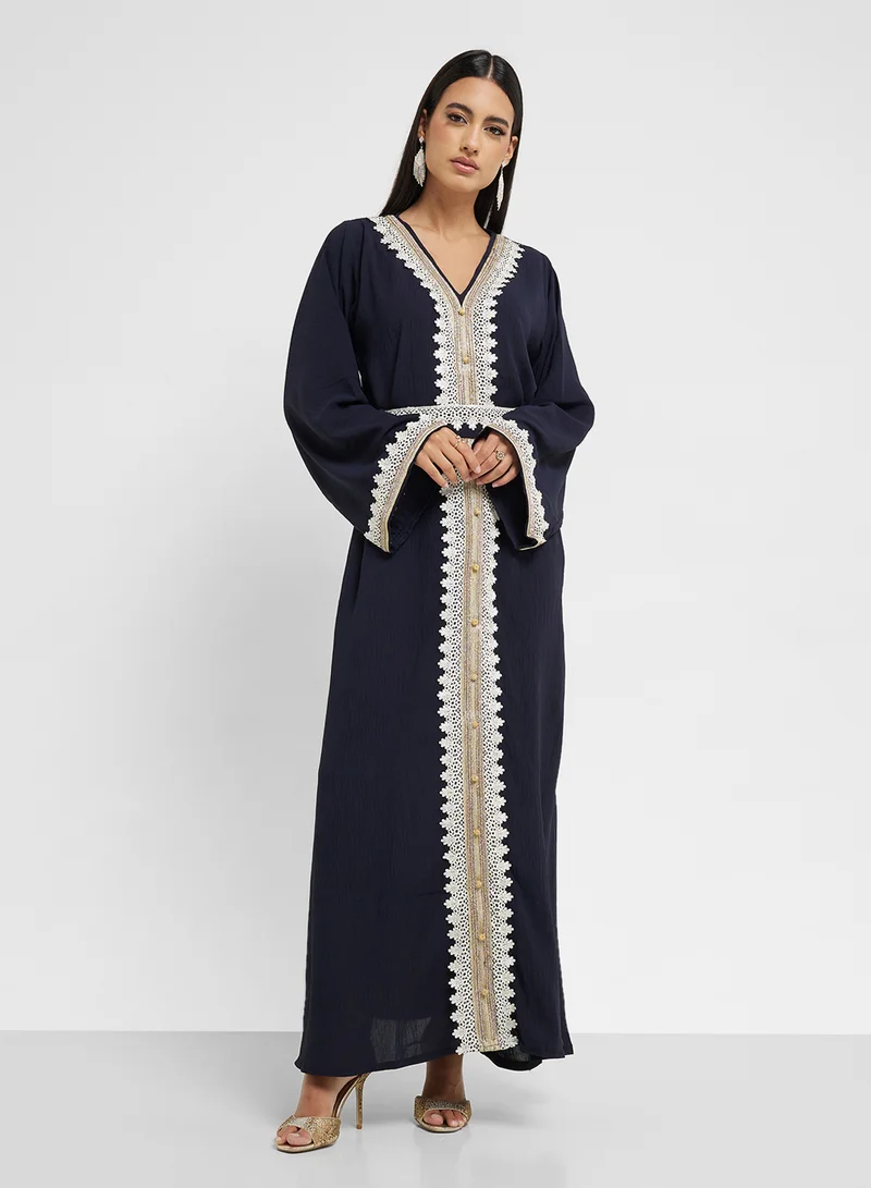 hayas closet Embroidered Belted Abaya Dress