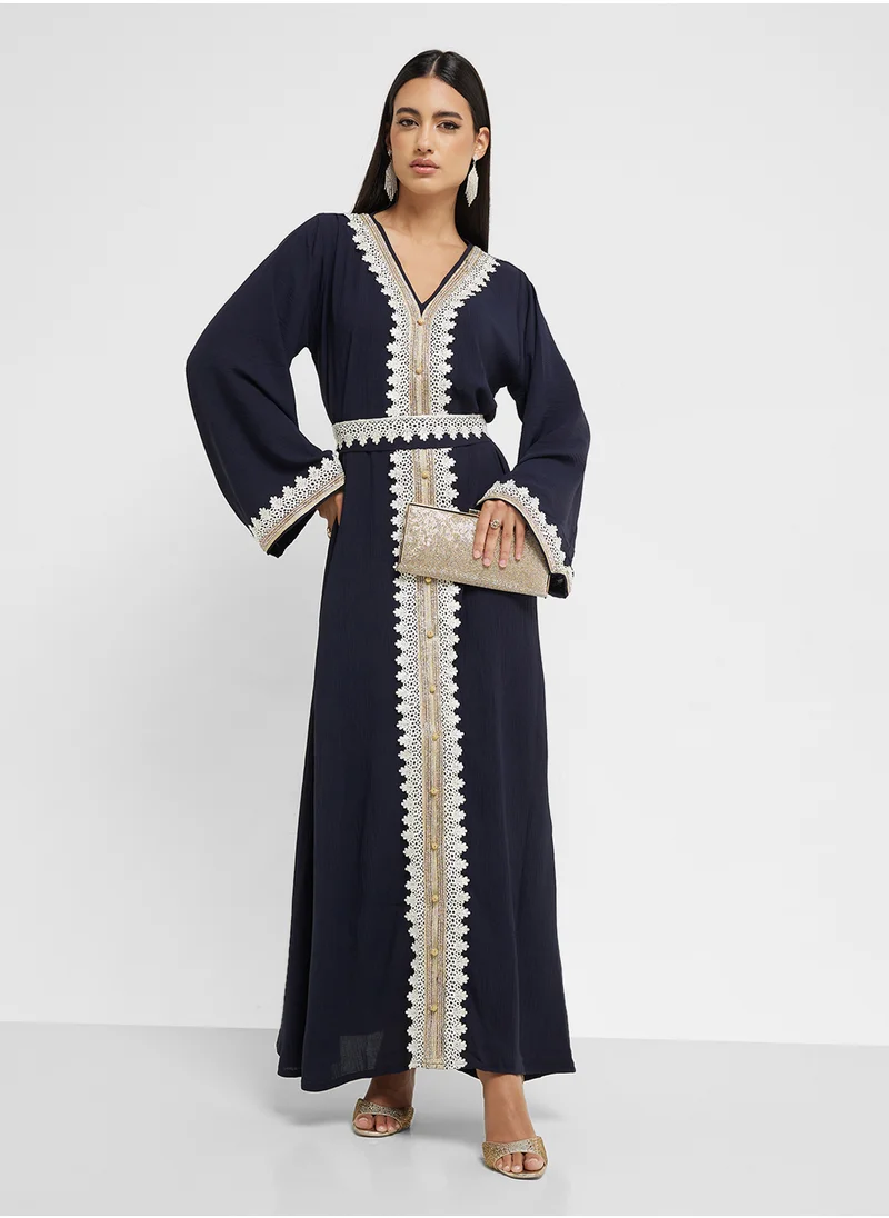 hayas closet Embroidered V-Neck Straight Sleeve Dress