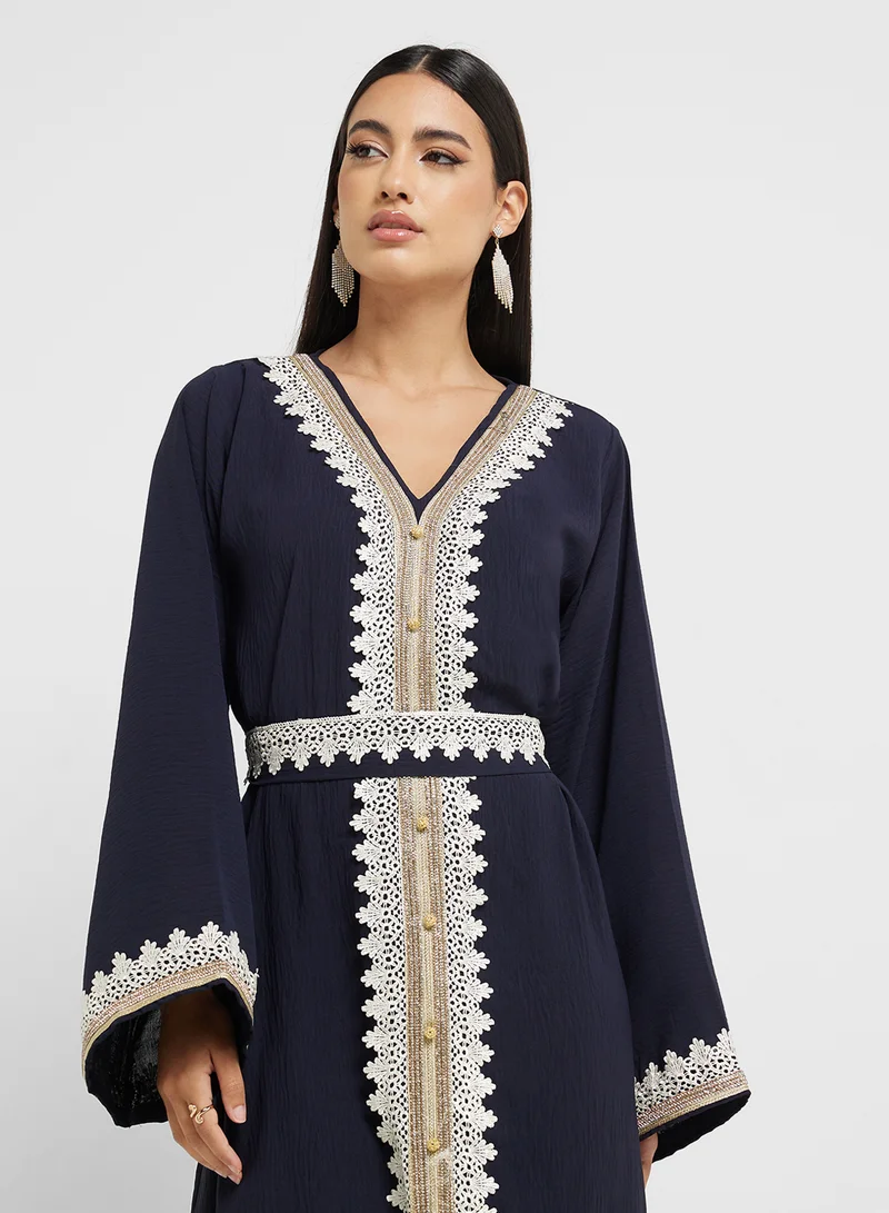 hayas closet Embroidered Belted Abaya Dress