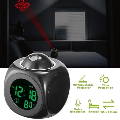 Elvana Talking Digital Alarm Clock LCD with Projector, Indoor Temperature, Bedroom, Office, Smart Night Light, Snooze, Bold Numbers, Multicolor Display, Battery Operated (Black) - Image 5