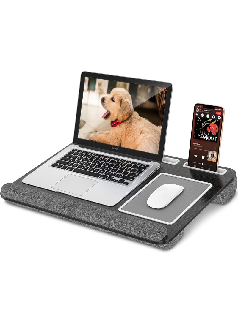 Kimaya Laptop Tray with Pillow, Compact Computer Desk, Mouse Pad and Wrist Rest for Notebook up to 17 Inch with MacBook, Laptop Stand with Tablet, Pen and Mobile Holder (Smoky Grey) - Image 2