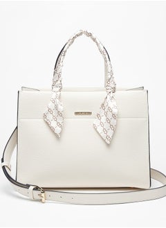 Women's Solid Tote Bag with Magnetic Closure and Scarf Detail