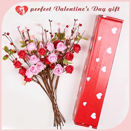 MAINGKAUNG Valentines Day Decorations 12 Pack Valentines Day Artificial Flowers 17 Inch Valentine's Picks with Red Roses Flower Pink Love Heart Berries for Valentine Wedding Anniversary Party Decor - Image 2